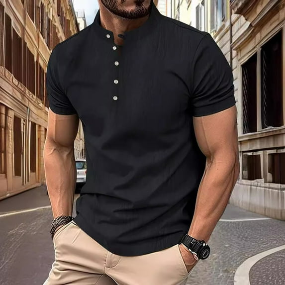 WAENQINLA Mens Henley Shirts Summer Casual Short Sleeve Shirts with 5 Button Lightweight Solid Color Band Collar Tees