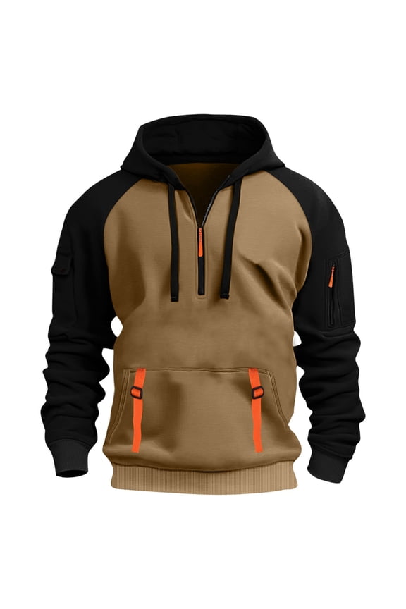 Mens Hoodies Long Sleeve Color Block Hooded Sweatshirt Quarter Zip Outdoor Sports Pullover Tops with Pocket