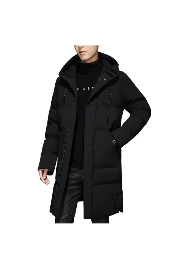 Mens Long Puffer Jacket with Hood Winter Warm Hooded Overcoat Outerwear Quilted Jacket Zip Up Padded Coats with Pockets