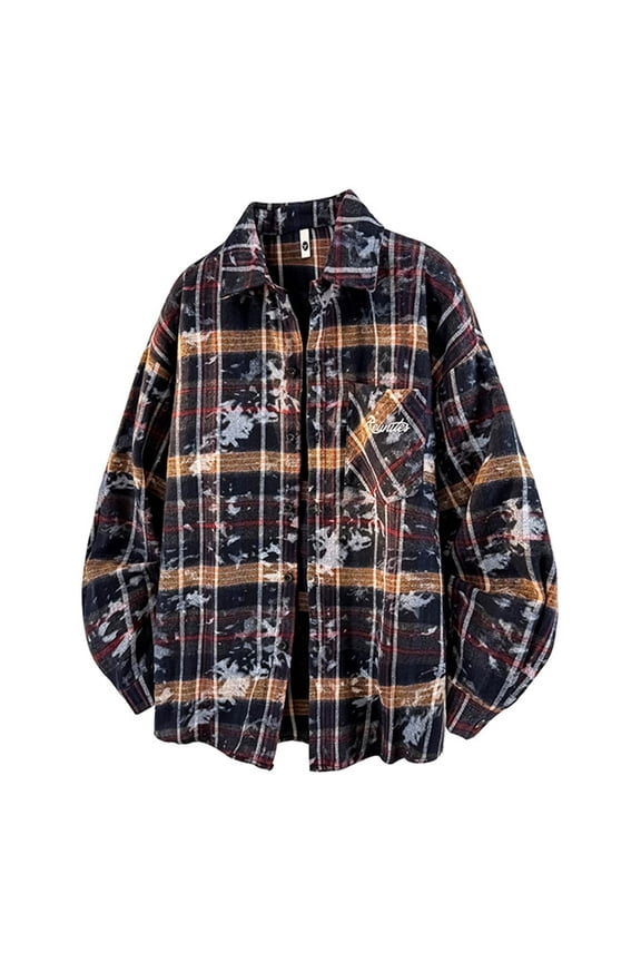 Mens Long Sleeve Tee Shirts Stylish Loose Fit Y2k Tops Checkered Graphic Button Up Tees Men Jacket with Pocket Blue XXL