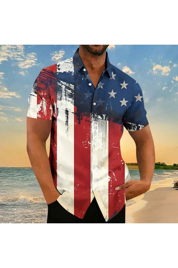 Mens Patriotic 4th of July Shirts Vintage Printed American Flag Hawaiian Shirt Casual Short Sleeve Button down Beach Shirts