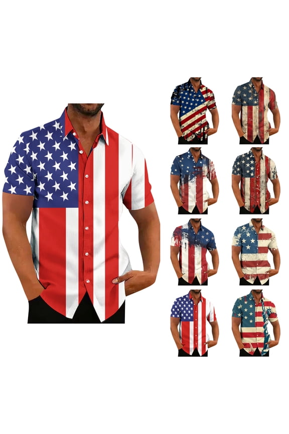 Mens Patriotic 4th of July Shirts Vintage Short Sleeve American Flag Printed Hawaiian Shirt Casual Button down Beach Shirts