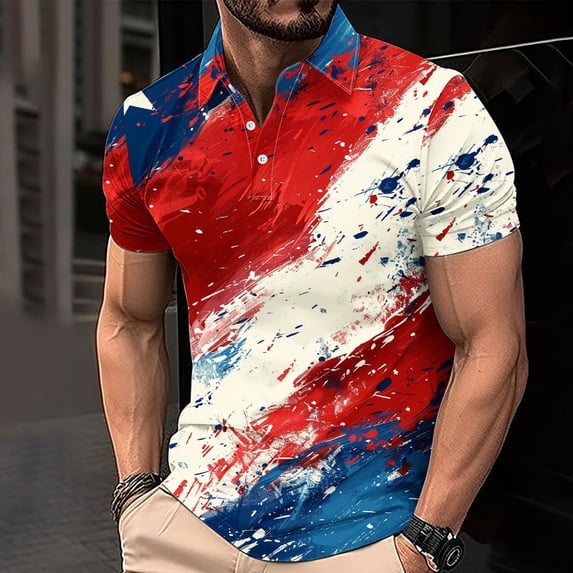 WAENQINLA Mens Patriotic Golf Shirt Vintage American Flag Button Down Shirts 4th of July Short Sleeve T-Shirt Independence Day Clothing
