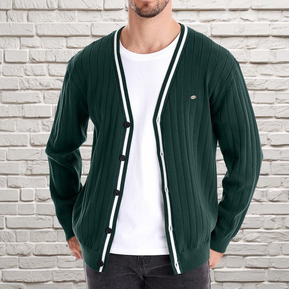 WAENQINLA Mens Ribbed Knit Cardigan Sweaters V Neck Casual Button Down Sweaters Long Sleeve Fall Outwear Jackets Green M