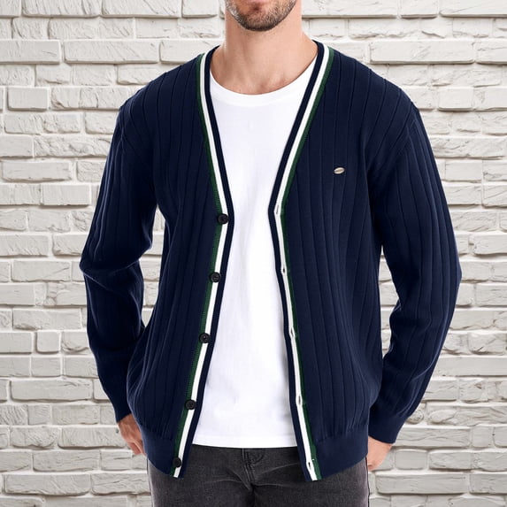 WAENQINLA Mens Ribbed Knit Cardigan Sweaters V Neck Casual Button Down Sweaters Long Sleeve Fall Outwear Jackets Navy M