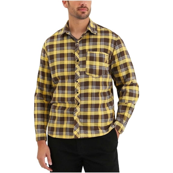WAENQINLA Mens Shirt with Pocket Button Up Regular Fit Tops Big and Tall Plaid Graphic Golf Tees Long Sleeve Work Jackets Yellow XXL