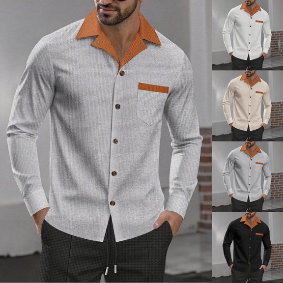 WAENQINLA Mens Shirts Waffle Long Sleeve Button Down Business Work Shirt Lapel Collared Formal Casual Shirt Black L