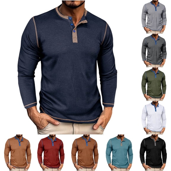 WAENQINLA Mens Slim Fit Waffle Henley Shirts Casual Long Sleeve T-Shirt Fashion Quarter Button V Neck Work Pullover Tops Black XXL