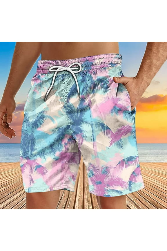 Mens Swim Trunks 7 Inch Big and Tall Swim Board Shorts Stretch Quick Dry Palm Tree Print Bathing Suits with Pockets