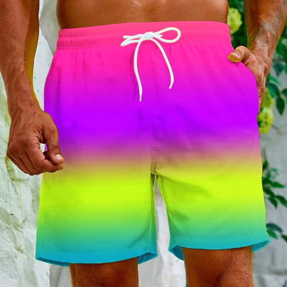 WAENQINLA Mens Swim Trunks Gradient Print Summer Beach Shorts Bathing Suit Big And Tall Drawstring Swimming Shorts with Pockets