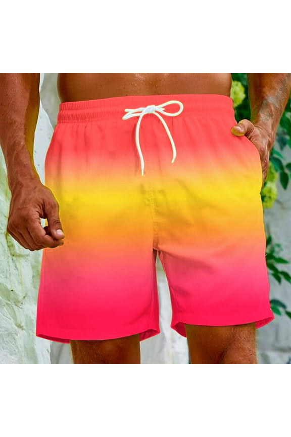 Mens Swimming Trunks Casual Elastic Waist Beach Shorts Quick Dry Drawstring Board Shorts Trendy Gradient Pattern Breathable Swimwear