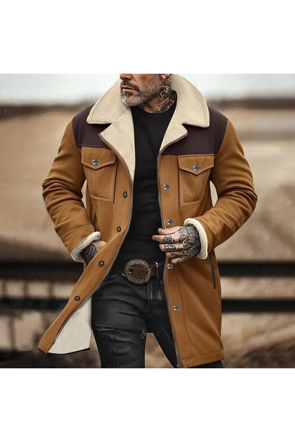 Mens Western Cowboy Overcoat Vintage Suede Jacket Lapel Collar Coats Faux Leather Winter Long Jackets Button Up Casual Retro Tops Motorcycle Jacket Coat