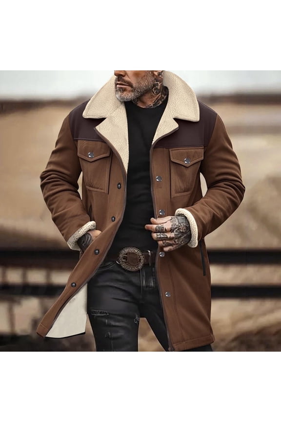 Mens Western Cowboy Overcoat Vintage Suede Jacket Lapel Collar Coats Faux Leather Winter Long Jackets Button Up Casual Retro Tops Motorcycle Jacket Coat