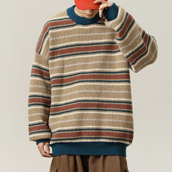 WAENQINLA Mens Y2k Striped Sweater Vintage Aesthetic Oversized Knitted Pullover Tops Long Sleeve Crewneck Knitwear Top Khaki L