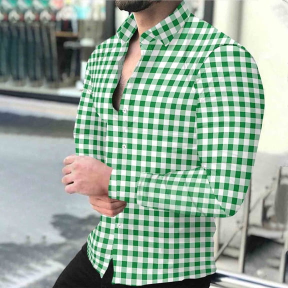 WAENQINLA Plaid Shirt Men Button Up Regular Fit Tops Long Sleeve Dressy Casual Golf Tees Winter Work Jackets Green XXXL