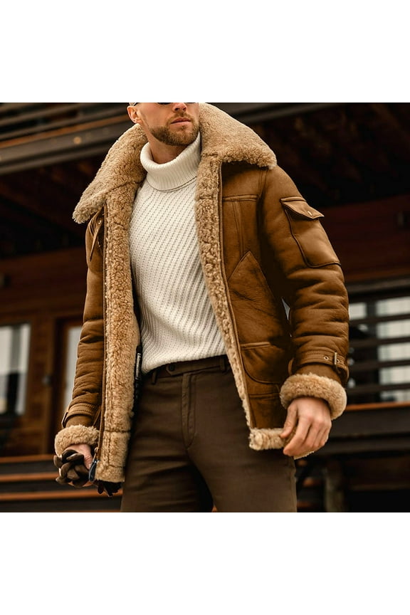 Sherpa Lined Leather Jacket Men with Side Pockets Fashion Zipper Fleece Lined Trucker Jackets Winter Big and Tall Vintage Turn Down Collar Warm Coats