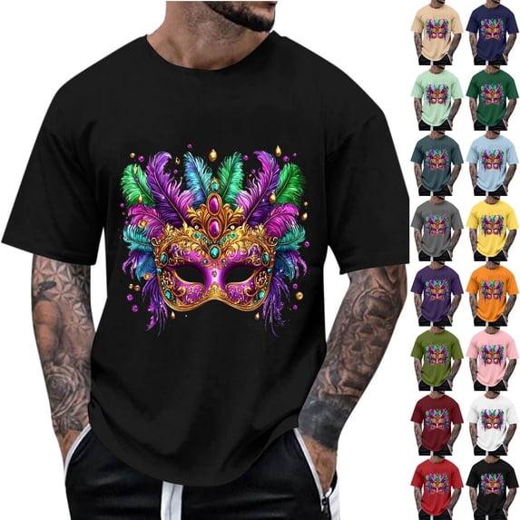 WAENQINLA Short Sleeve Mardi Gras T-Shirts Men Casual Loose Mask Print Carnival Tops Holiday Party Lightweight Round Neck Tee Shirts Mint Green T Shirts,Size S-2XL