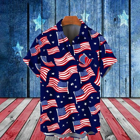 WAENQINLA Short Sleeve Shirt for Men Patriotic Hawaiian Shirts Casual American Flag Print Button down Shirts With Pocket