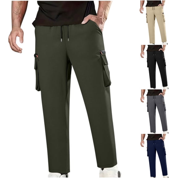 WAENQINLA Straight Leg Cargo Pants for Men with Multi Pockets Utility Durable Hiking Travel Pants Slim Fit Drawstring Elastic High Waisted Pants Black Pant for Men S