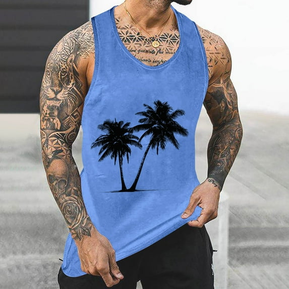 WAENQINLA Summer Beach Tank Tops Men Big and Tall Hawaiian Palm Tree Print Basic Tee Vacation Vintage Sleeveless Shirt