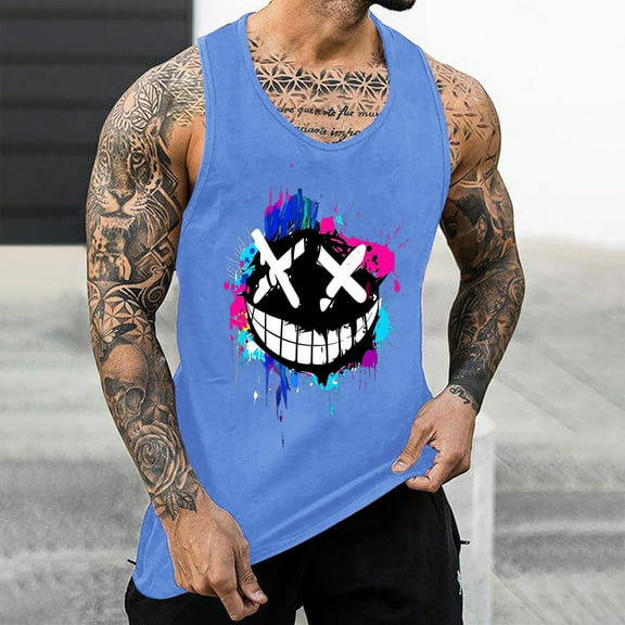 WAENQINLA Summer Tank Top for Men Gym Bodybuilding Funny Print Sleeveless Shirts Big and Tall Crewneck Muscle Tees T Shirts
