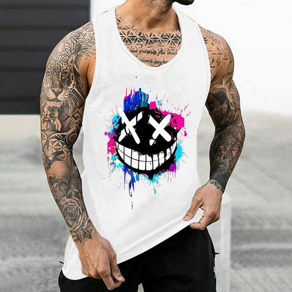 WAENQINLA Summer Tank Top for Men Gym Bodybuilding Funny Print Sleeveless Shirts Big and Tall Crewneck Muscle Tees T Shirts