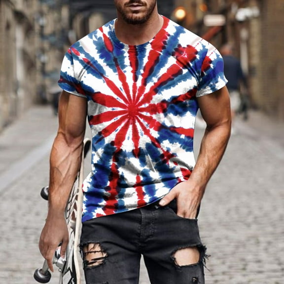 WAENQINLA Tie Dye Shirts for Men 4th of July Fashion Crewneck Independence Day Tops Summer Short Sleeve Holiday T Shirt