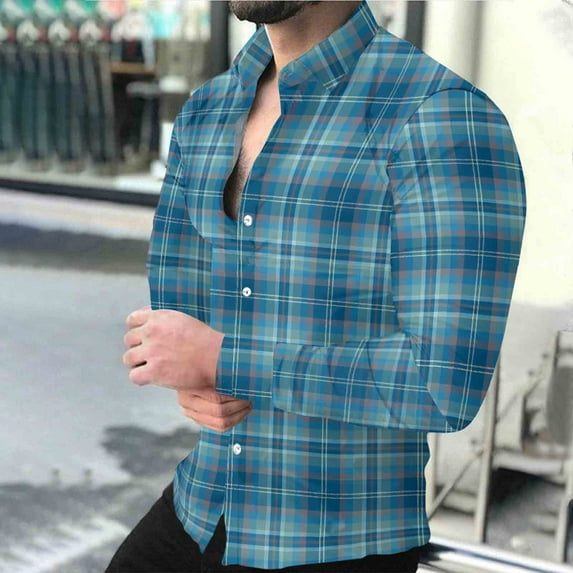 WAENQINLA Vintage Plaid Shirts for Men Button Up Long Sleeve Tops Lapel Collared Golf Tees Work Jackets Blue XXXL