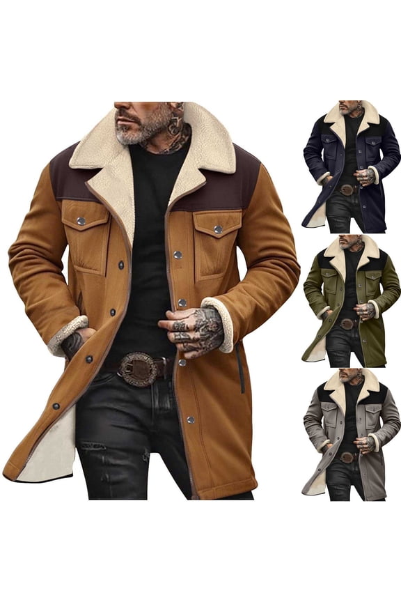 Vintage Suede Coat Jackets for Men Western Cowboy Lapel Long Sleeve Winter Long Jackets Mid Length Patchwork Trucker Warm Casual Coat
