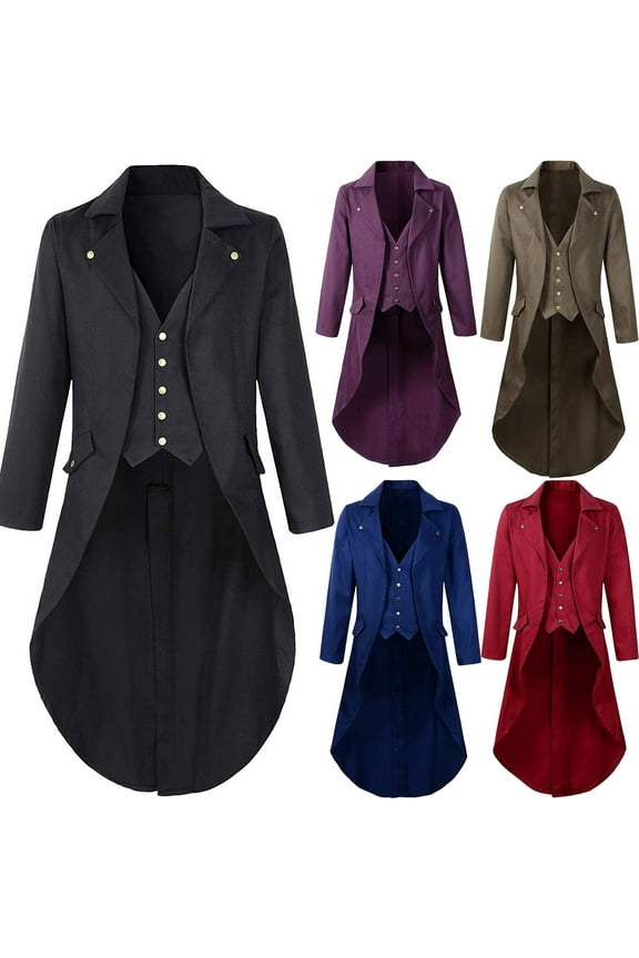 Vintage Tailcoat Medieval Gothic Steampunk Jacket for Men Long Sleeve Zip Up High-Low Long Coats for Holiday Party