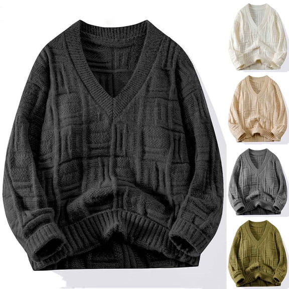 WAENQINLA Winter V Neck Sweaters for Men Long Sleeve Knit Pullover Tops Casual Warm Soft Knitwear Coats White L