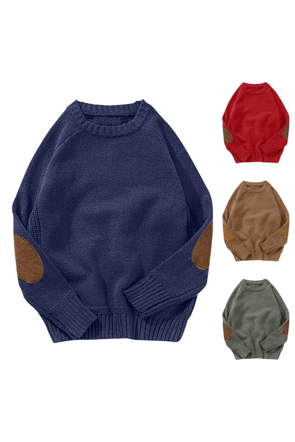 Winter Vintage Sweaters for Men Crew Neck Elbow Patch Chunky Knit Sweater Long Sleeve Knitwear Tops Brown XXXL