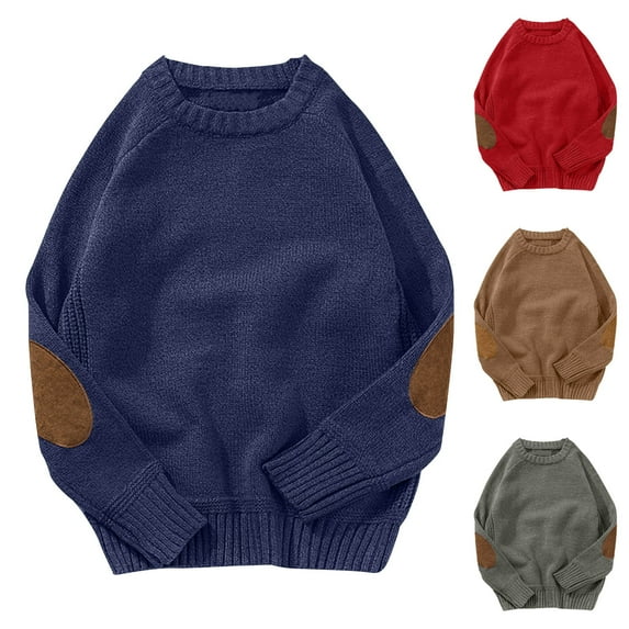 WAENQINLA Winter Vintage Sweaters for Men Crew Neck Elbow Patch Chunky Knit Sweater Long Sleeve Knitwear Tops Gray XXXXL