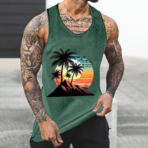 WAENQINLA Workout Tanks Tops for Mens Vintage Palm Tree Printed Graphic Shirts Muscle Sleeveless Gym Bodybuilding Beach Tee