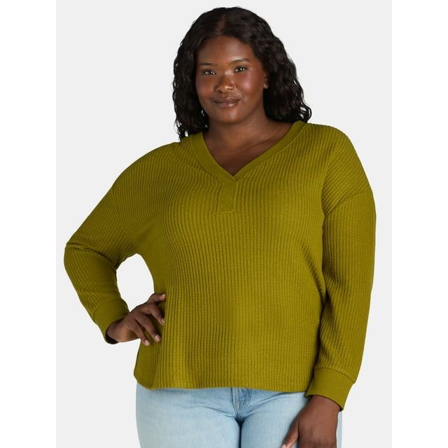 Terra & Sky Women’s Plus Waffle V Neck Henley Top, Sizes 0X-5X