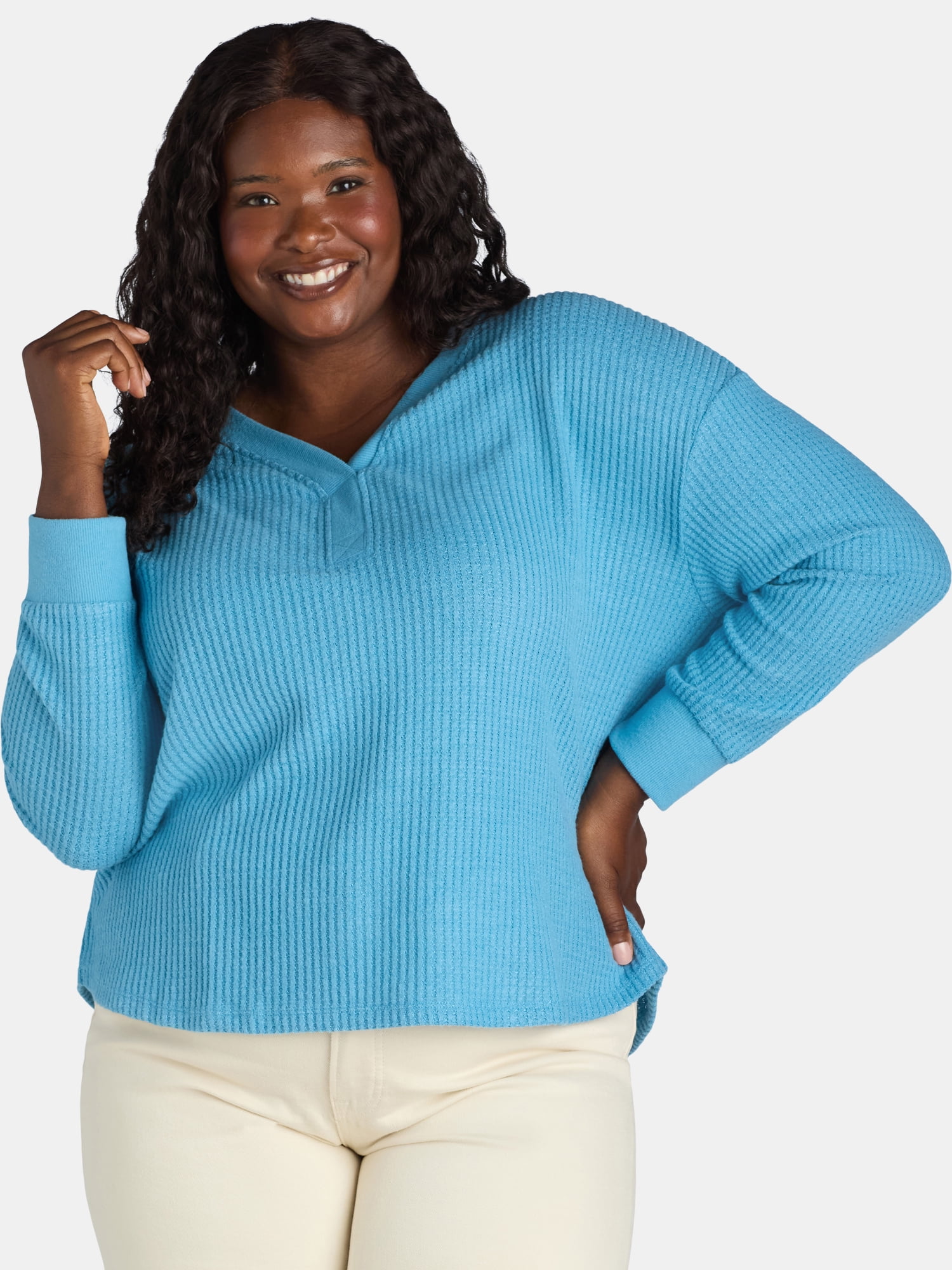 Terra & Sky Women’s Plus Waffle V Neck Henley Top, Sizes 0X-4X ...