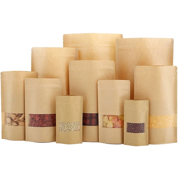 WAFUNNE 100pcs Kraft Bags with Window Stand Up Ziplock Seal Paper Bag Resealable Large Small Food Storage Pouch 4oz 5.5×7.8in