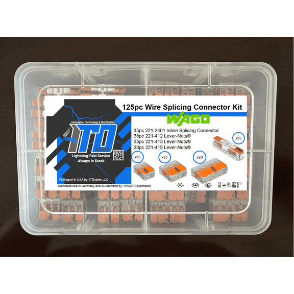 WAGO Lever Nut 125pc Wire Splicing Connector Kit with Case.  WAGO Lever Nuts 221-412, 221-413, 221-415, and 221-2401 included.