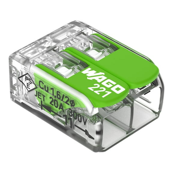 WAGO 221-422 | Splicing Connector Green Range | for Solid, Stranded and fine-Stranded Conductors | 2-Conductor with levers | 24  12 AWG | Transparent housing | [100 Pieces]