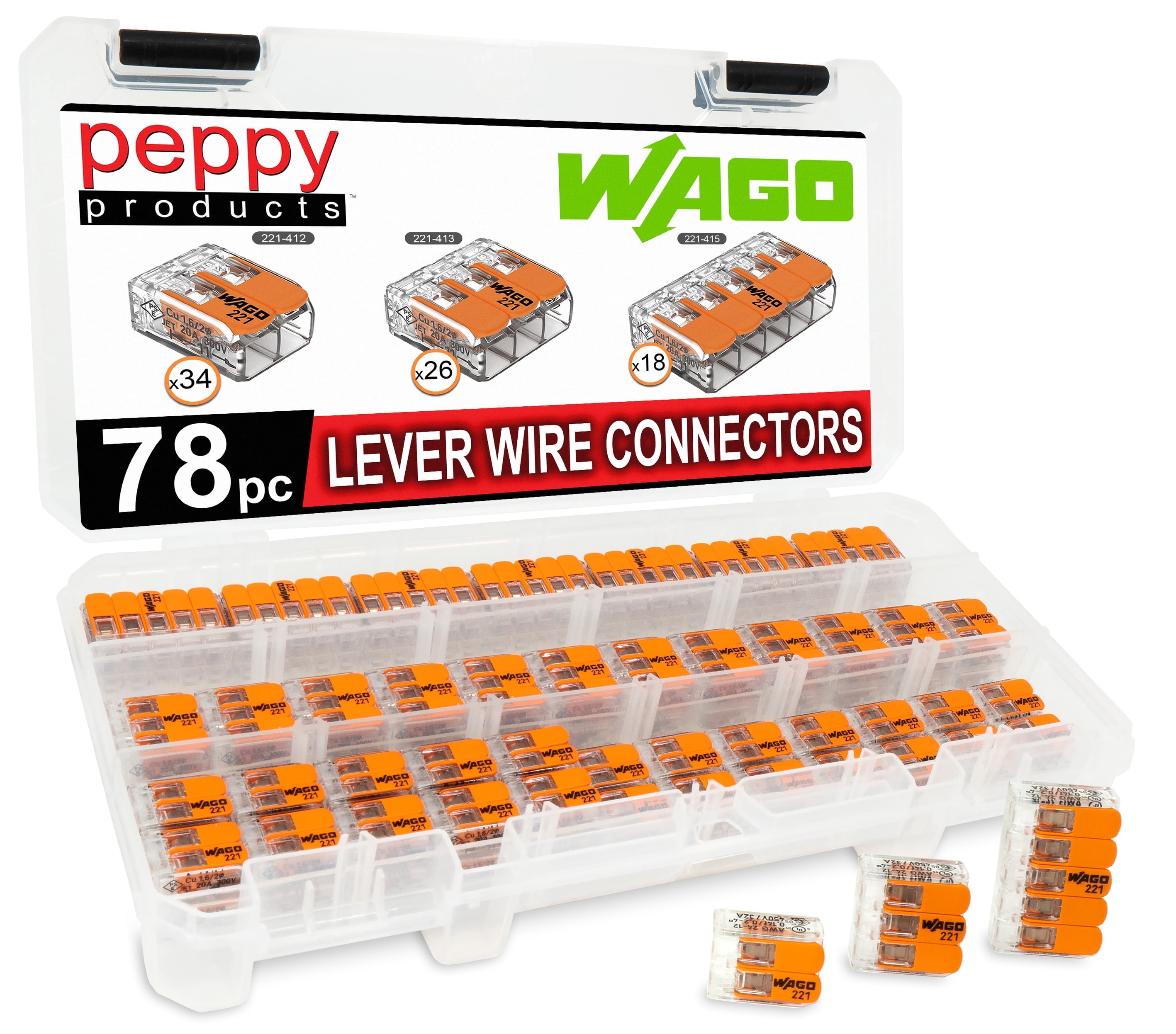 WAGO 221 LEVER NUTS 78pc Compact Splicing Wire Connector Assortment with Case. Includes (34x) 221-412, (26x) 221-413, (18x) 221-415