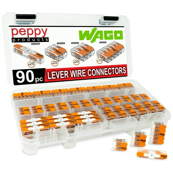 WAGO 221 Lever Nuts 90pc Compact Splicing Wire Connector Assortment with Case. Includes (25x) 221-2401, (25x) 221-412, (25x) 221-413, (15x) 221-415