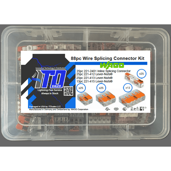 WAGO Lever Nut 88pc Wire Splicing Connector Kit with Case. WAGO Lever Nuts 221-412, 221-413, 221-415, and 221-2401 included.