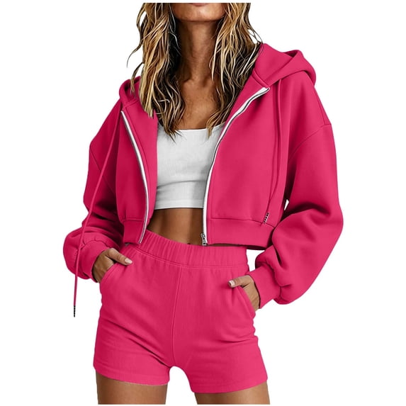 WAGUTH 2 Piece Sets for Women Cropped Full-Zip Drawstring Hooded Jacket & Elastic High Waist Shorts with Pockets Casual Loungewear Tracksuit