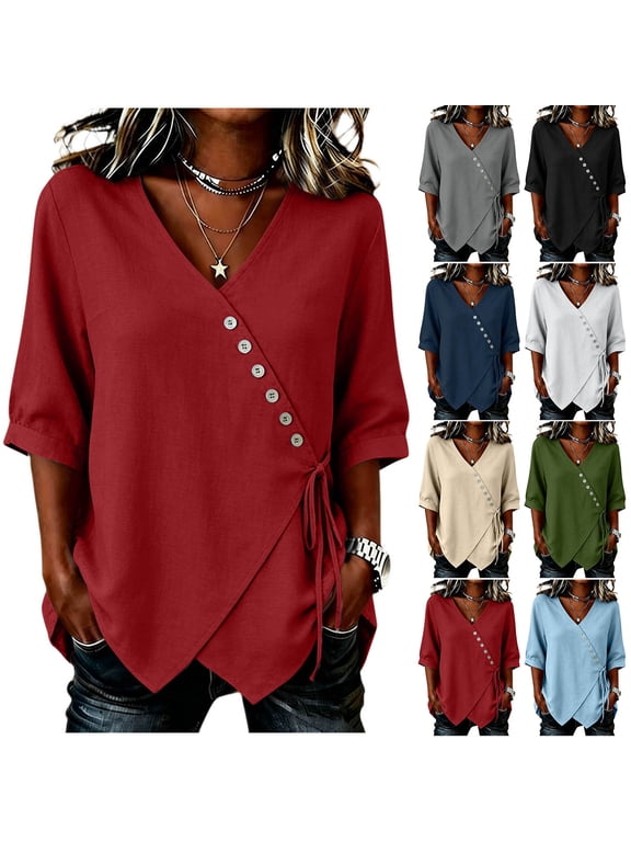 WAGUTH 3/4 Sleeve Wrap Tops for Women Cotton Linen V Neck Shirts Summer Casual Tunic Tees with Side Tie & Button Detail