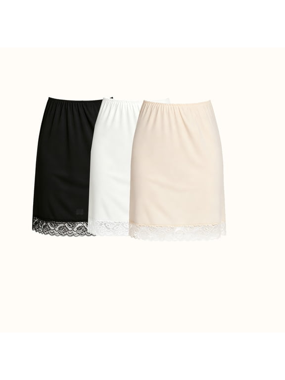 3-Pack Womens Half Slip Underskirt Short Mini Skirt with Floral Lace Hem Elastic Waist Loungewear Underdress,L
