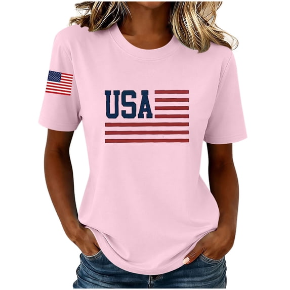 WAGUTH 4th of July T-Shirts for Women Patriotic Print Short Sleeve Crew Neck Shirts Casual Tops for Independence Day,Pink,L