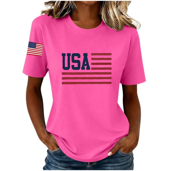WAGUTH 4th of July T-Shirts for Women Patriotic Print Short Sleeve Crew Neck Shirts Casual Tops for Independence Day,Hot Pink,S