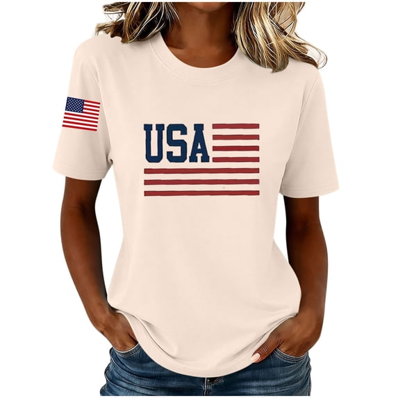 WAGUTH 4th of July T-Shirts for Women Patriotic Print Short Sleeve Crew Neck Shirts Casual Tops for Independence Day,Khaki,L