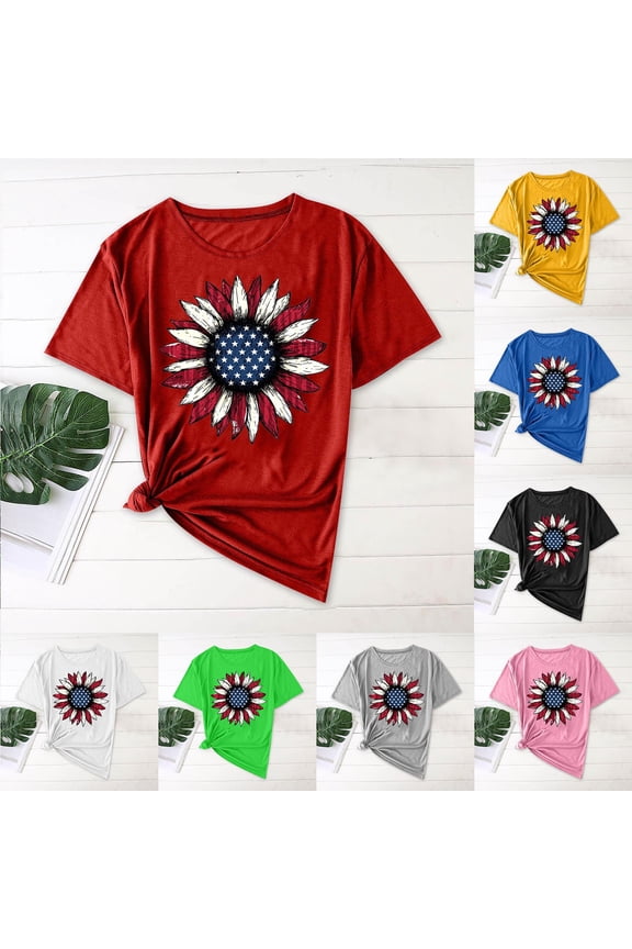 4th of July T-Shirts for Women Sunflower Print Patriotic Tees Crew Neck Short Sleeve Summer Casual Tops