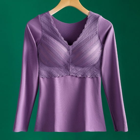 WAGUTH Fall Winter Thermal Tops for Women Lace V‑Neck Long Sleeve Seamless Slim Fit Warm Base Layer Undershirt for Fall Winter